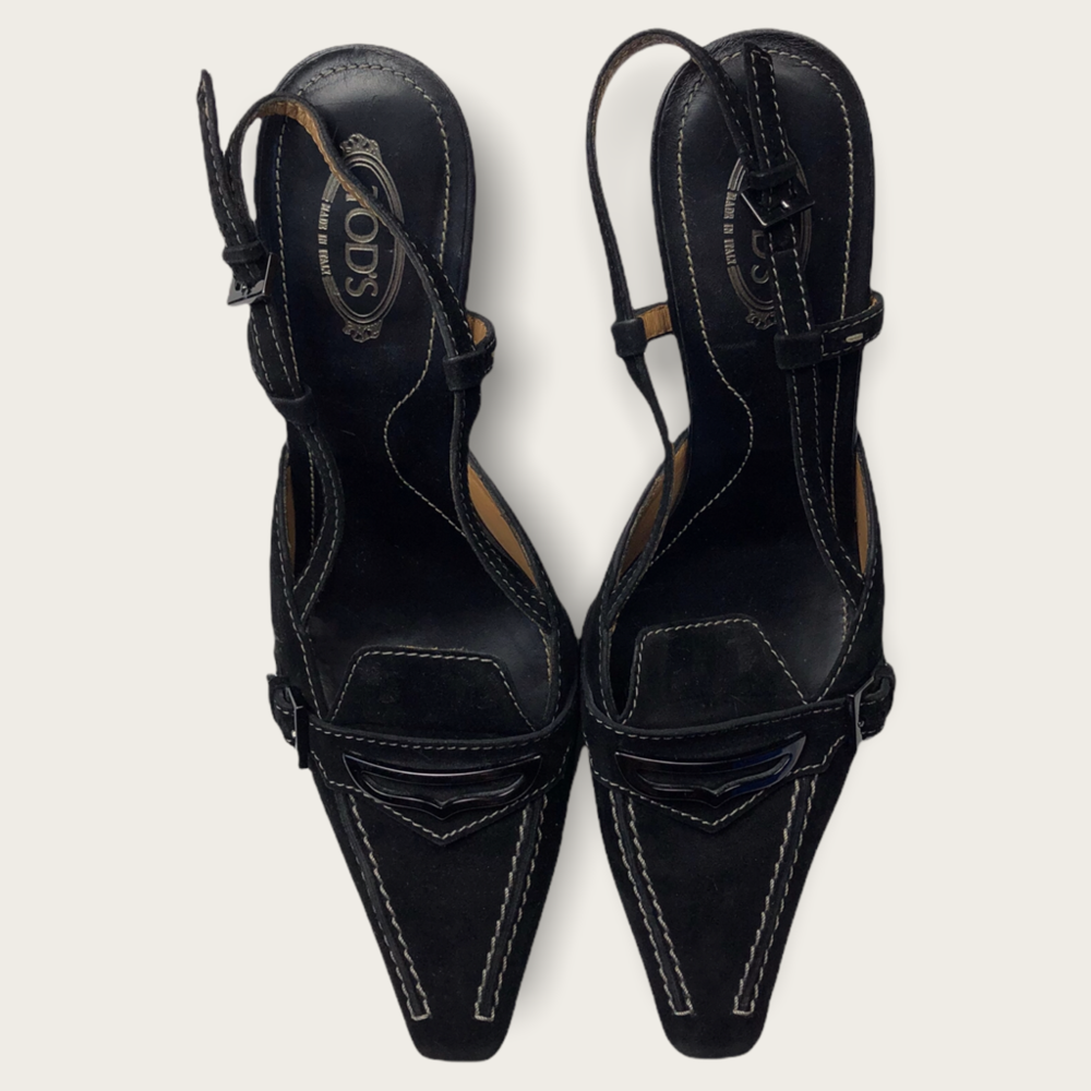 Todd’s Vintage Black Leather Stitched Pointed Slingback Heels Size 7.5